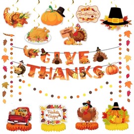 Decoraciones de fiesta de Acción de Gracias, los suministros de fiesta de Acción de Gracias de color naranja incluyen pancarta, remolinos colgantes, calabaza, panal de abeja, pavo, hoja de arce,