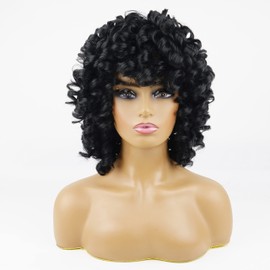 andromeda Short Curly Wigs for Black Women Soft Black Curly Wig with Bangs Fluffy Curls Synthetic Hair Wig Loose Curly African American Costume Cosplay Half Wigs （Black）