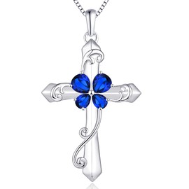 YL Women's Butterfly Cross Necklace Sterling Silver Created Sapphire Leaves Pendant Crucifix Jewelry for Women