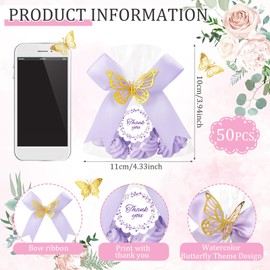 CPEGHDVM 50 Pcs 3D Butterfly Candy Bags Cellophane Bags with Bow Thank You Gift Bags Butterfly Party Favors for Guests Pink & Purple for Butterfly Theme Wedding Baby Shower Birthday Party Decoration