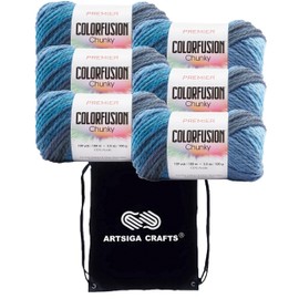 Premier Yarns Colorfusion Chunky Blue Jeans 1174-05 (6-Skeins - Same Dye Lot) Chunky Bulky #5 Acrylic Yarn for Crocheting and Knitting - Bundle with 1 Artsiga Crafts Project Bag