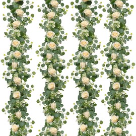 Dremisland 4PCS /24 FT Artificial Eucalyptus Flower Garland Spring Champagne Rose Garland Silk Flowers Fake Eucalyptus Plants Faux Vines Greenery Garland for Wedding Home Table Runner Backdrop Decor