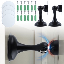 GOLD DEER 2 Pack Magnetic Door Stoppers Stainless Steel Door Stops Magnetic Door Catch for Wall and Floor Mounting No Drilling Door Stop with Adhesive Tapes & Screws,Black
