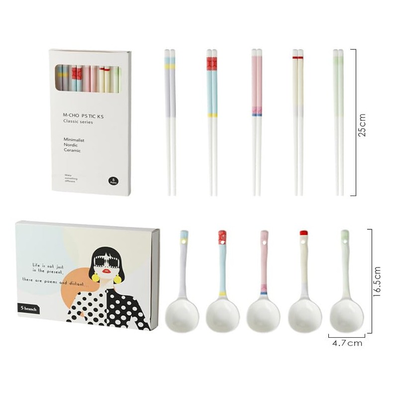 Ceramic Chopsticks and Spoons Set - Reusable, Dishwasher Safe, Non-Slip