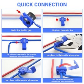 50 Unidades Conectores de Empalme Rápido sin Pelar Cables, de Calibre 18-14 AWG en Tipo T con Terminales de Cobre Aislados en Azul para Aplicaciones A