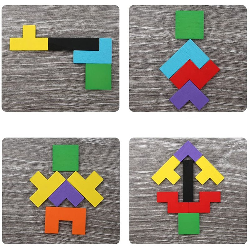 ANCLLO Tangram wooden puzzle with colourful 3D Russian blocks