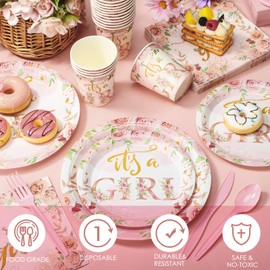 Dandat 350 Pcs Baby Shower Plates Set Baby Shower Party Supplies Serves 50 Tableware Sets Include Plates Napkin Cup Forks Knives Spoons Disposable Dinnerware for Boy Girl(Floral)