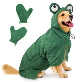 Bibykivn Bathrobe for Dogs, Microfibre Dog Bathrobe, Adjustable Collar with Velcro Closure, Quick Drying, Bath Towel for Large, Medium, Small Dogs/Cats (Green Frog, XL)