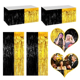 4P Metallic Foil Fringe Tinsel Table Skirts for Rectangle Tables Backdrop Banner Streamer Garland Curtains for Parade Floats Wedding Graduation Anniversary Birthday Parties Decoration (Black Gold)