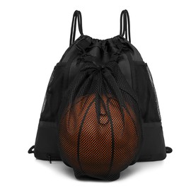 CNYAO Drawstring Basketball Backpack for Boys,Foldable Soccer Backpack Gym Bag Sackpack Sports Sack with Detachable Ball Mesh Bag for Volleyball Baseball (Black)