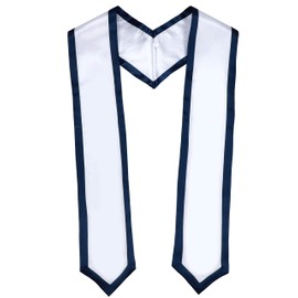 Newrara Deluxe Unisex Adult Plain Graduation Honor Stole Sash with Trim 72" Long (White + Navy Trim)