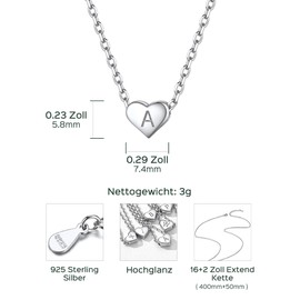 ChicSilver 925 Silver Necklace Alphabet 40 cm + 5 cm with Heart Pendant A-Z 26 Letter Summer Friendship Name Chain with Gift Box for Women and Girls., Silver, a