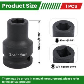 YTKavq 3/4" Drive 15mm Impact Socket，6-Point Standard Impact Sockets Made with Chrome Molybdenum Alloy Steel, Metric