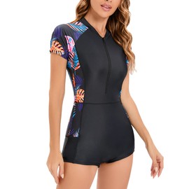 OBEEII Zipper One Piece Swimsuits for Women, Short Sleeve Rash Guard Surfing Swimwear Full Body Swim Boyleg Swimsuit Diving Snorkeling Swimsuit Black-Flower L