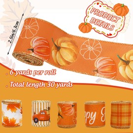 Whaline 5 Rolls Fall Wired Edge Ribbon 30 Yards 2.5 Inch Orange Autumn Pumpkin Truck Plaids Ribbon for Bow Wreath Craft Gift Wrap Thanksgiving Harvest Wedding Birthday Party Decor