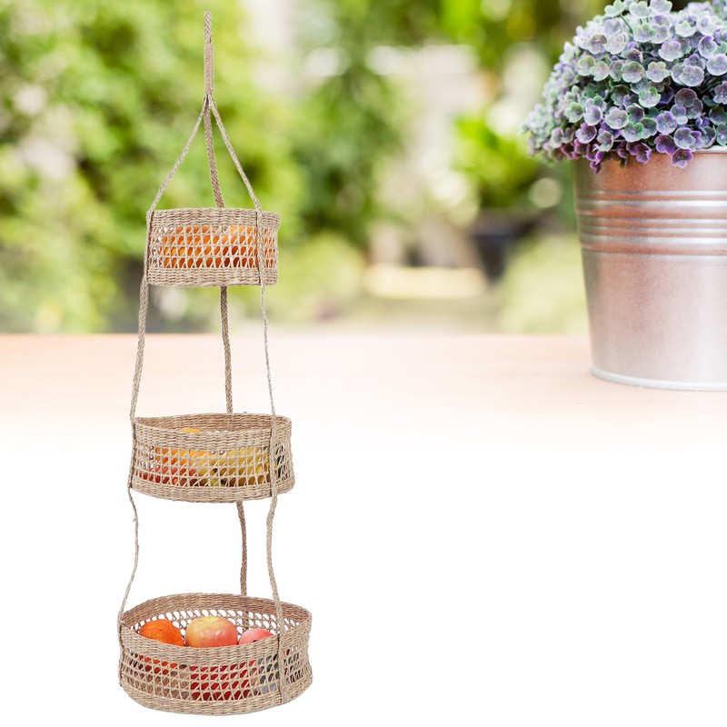 Hanging Fruit Basket Rattan 3 Tiers Multifunctional Foldable Elegant Style