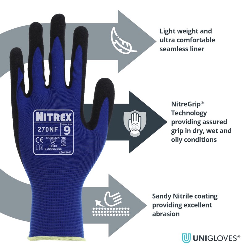 NITREX 270NF 10 Pairs of Gardening Gloves, Sandy Nitrile Palm