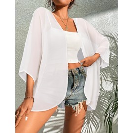 BB&KK Womens Kimono Cardigans Beach Cover ups Swimwear Puff Sleeve Loose Casual Summer Tops (White, S)
