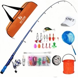 BNTTEAM Mini Spinning Reel & Rod Combos with Telescopic Fishing Rod Reel Lures Fishing Line Set Fishing Combos for Kids/Beginners (Orange Set, 1.2M/47in/3.9ft)