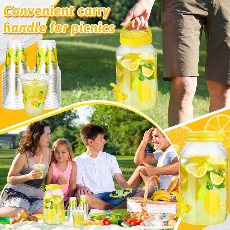 Umigy 1 Gallon Lemon Plastic Drink Dispenser with 100 Pcs