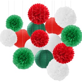 Red-Green White Party-Decorations Christmas Flowers Lanterns - 15PCS Italian Mexican Independence Day Paper Tissue Pom Poms Streamers,Mexico Italy Birthday Baby Shower Wedding Hanging Decor Hugfond