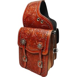 SUPREME SADDLERY Cow Hide Genuine Leather Western Trail Tooling Carving Horse Saddle Bag, Size: 10” L x 10” W x 3 ½” D.
