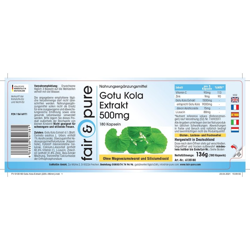 Gotu Kola Extract 500 mg - Vegan - 180 Capsules