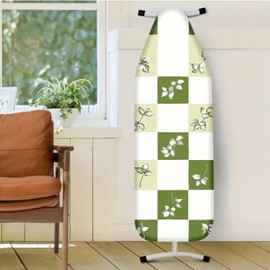 Nuxovilar Green and White Checkered with White Plant Foliage Ironing Board Cover, 15×54inch, This Cover Fits Most Standard Boards, Dust - Proof Ironing Accessory for Home Decoration