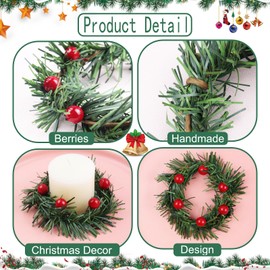 Brihasory Red Berries 6pcs Christmas Candle Rings for Pillars, Pine Needles Christmas Wreath Wedding Party New Year Dinner Candle Holders for Table Centerpieces Wall Door Window Fireplace Decor