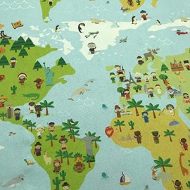 Kt KILOtela - Digital Printed Half Panama Linen Fabric 100% Cotton Patchwork 100cm Length x 140cm Width World Map Blue Green - 1 Metre