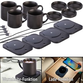 PEARL Electric Cup Warmer: Set of 4 2-in-1 USB Cup Warmers with Qi-Compatible Charging Station, 15 W (Table Cup Warmer, USB Coffee Cup Warmer)