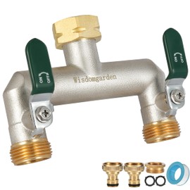 Wasserverteiler 2fach, 2 Wege Verteiler Wasser, Vernickelt Messing Wasserhahn Verteiler, Garten Verteiler 2 Wege mit Grün Griffen, 3/4 Zoll Robustheit Sechskantverbindung-Adapter 1/2 Zoll