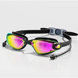 Swimming Goggles with Rainbow Lens, 180mm Wide Frame, Adjustable Strap, Interchangeable Nose Bridges S/L, Black