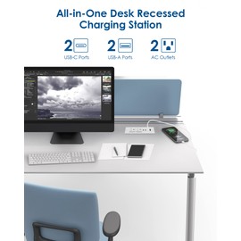 Recessed Power Strip 30W USB C,Furniture Flush Mount Desk Outlet,2 Outlets 4 USB Ports,Recessed Outlet for Side Table/Sofa Table,Ultra Thin Flat Plug Power Strip,3FT Cord (White)