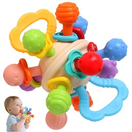 Sonajero y Mordedor para Bebé - Juguete Sensorial Montessori, Alivia Dolor de Encías, Estimulación Temprana, Reduce Chupado de Dedos, Mordedor de Silicón Seguro para Niño y Niña