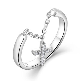 STARCHENIE Dangle Drop Cross Ring 925 Sterling Silver Religious Christian Cross Ring for Women