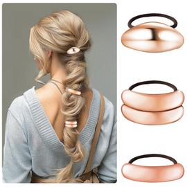 Rose Gold Hair Cuffs 3PCS Rose Gold Ponytail Cuff Hair Tie for Women Metal Hair Cuff Wrap for Thick Hair Cute Geometric Hair Accessories