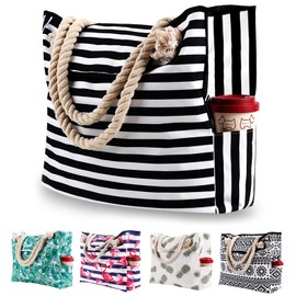 Beach Bag Large XXL Family with Magnetic Buckle, Shopper Shoulder Bag, Shopping Bag, Canvas Waterproof Bag for Beach, Beach Bag, Shoulder Bag, Swim Bag, Women, Black and White Stripes