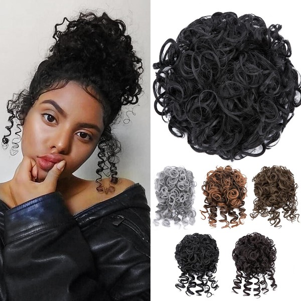 S-Noilite Messy Bun Hair Pieces for Women Synthetic Drawstring Loose Wave Curly Hair Scrunchies Hair Bun Daily Ponytail Extensions - Dark Black