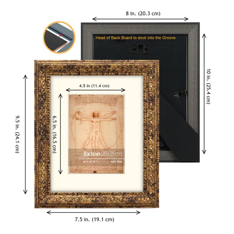 Eitida 8x10 in Rustic Gold Ornate Classic Picture Frame, Matted