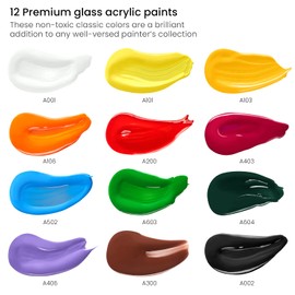 ARTEZA Glass Paint – Acrylic Paint Set of 12 Classic Colors, 0.74 Fluid Ounce Tubes, for Glass and Ceramics, for Artists, Crafters and Beginners