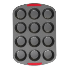 GoodCook MegaGrip 12-Cup Muffin Pan with Silicone Grip Handles Perfect for Cupcakes Durable Heavy-Gauge Steel Construction Scratch-Resistant Nonstick Coating, 15.5x10.5-Inch, Gray