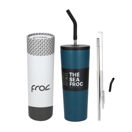 FROC | Termo The Sea - Doble Pared Acero Inoxidable 650 ml/22 oz, Incluye Popote Reutilizable y Limpiador - Moderno y Elegante para Bebidas Frías o Calientes (Azul)