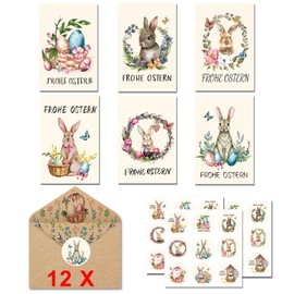 12 Beautiful Greeting Cards with Envelope, Easter Cards Hinged, Easter Card Set, Happy Easter Postcards with Easter Bunny and Easter Eggs, 6 Different Designs, 2 Pieces Each