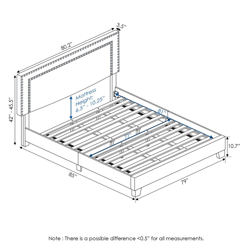 Furinno Laval Double Row Nail Head Upholstered Platform Bed Frame,