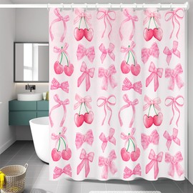 Reateforin Pink Fruit Shower Curtain, Red Cherry Bow Aesthetic Watercolor Decor Shower Curtain Sets, Bath Curtain Polyester Fabric Waterproof Bathroom Accessory Set with 12 Hooks 72x72 inch