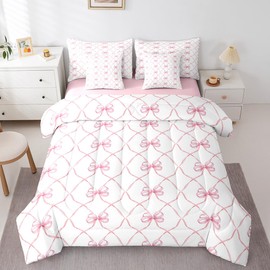 Erosebridal Pink Bowknot 7 Piece Comforter Set Twin Bow Knot Bedding for Kids Girls Butterfly Knot Bow Tie Sheet Set Bed in A Bag Aesthetic Coquette Bedroom Decor Geometric Cartoon Bed Set