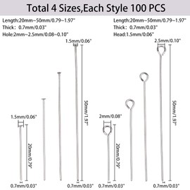 PH PandaHall 9 Pin T-Pins, Silver, 800 Piece Set, 0.8 inches (20 mm), 1.2 inches (30 mm), 1.6 inches (40 mm), 2.0 inches (50 mm), Accessory Parts, Stainless Steel, Earrings, Bracelet, Necklace,