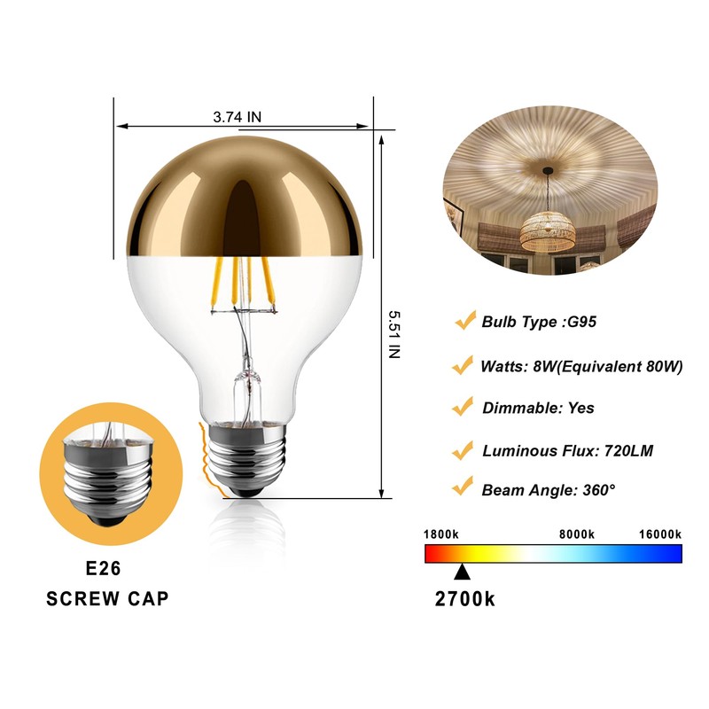 KarlunKoy Half Gold Light Bulb,8W (80W Equivalent) Dimmable LED Edison