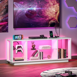 soges Gaming TV Stand with Power Outlet & LED Lights, Modern Entertainment Center for 55/65 Inchs TVs, Television Table Center Media Console with Large Storage Cabinet, White